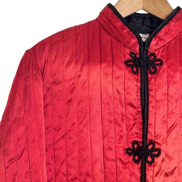 Vintage Neiman-Marcus Quilted Satin Jacket Frog Closures Mandarin Collar M Red - Picture 5 of 16